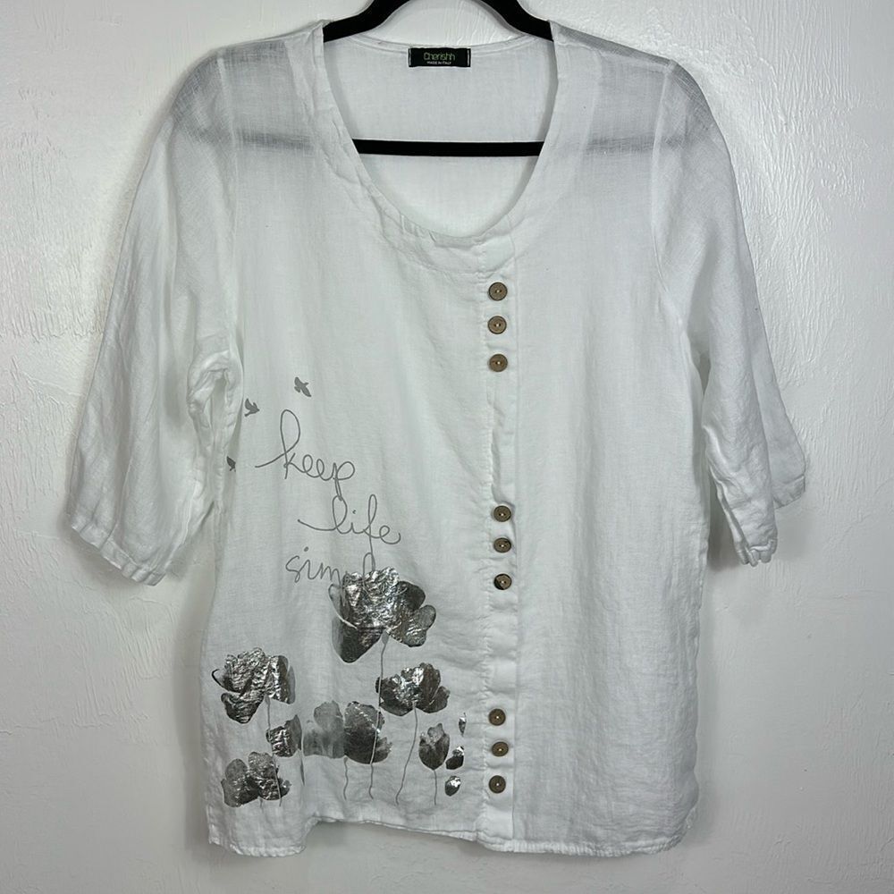 Cherishh Linen Floral Decorative Buttons Top Blouse In White Size M